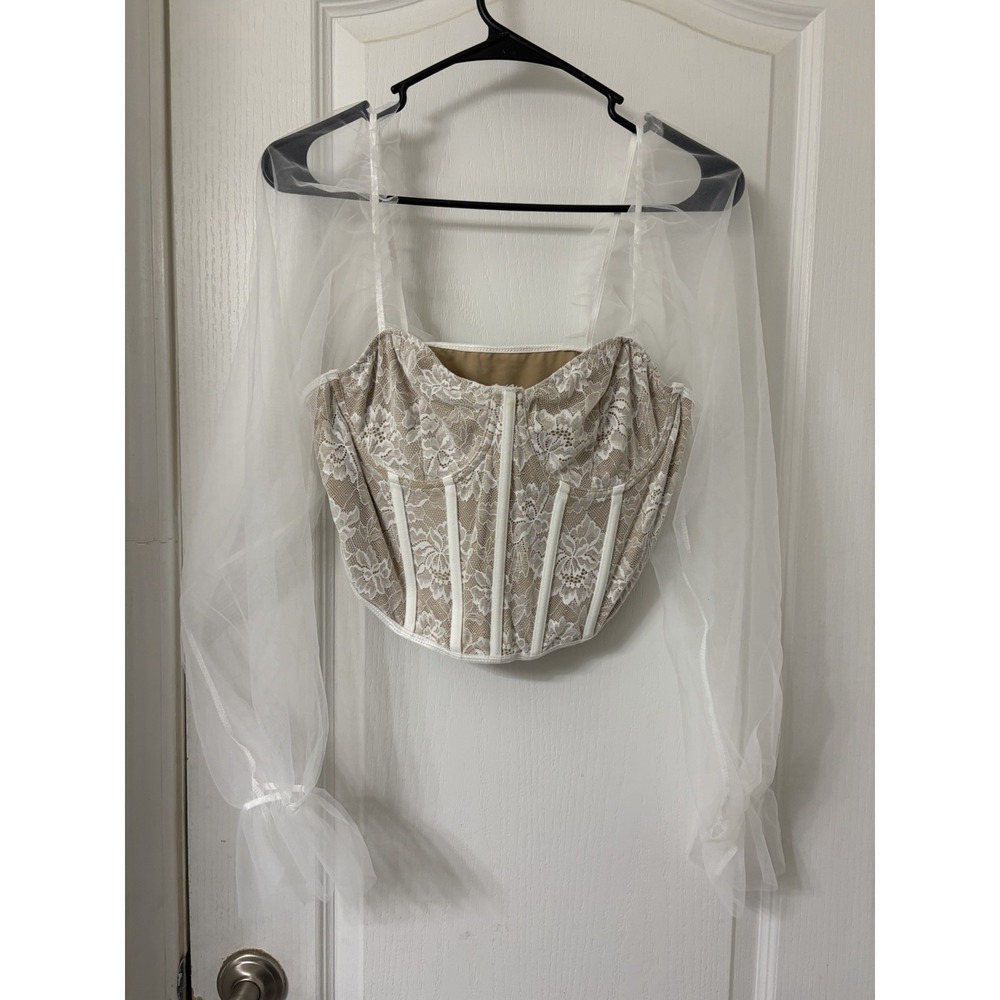 Lace Wedding Corset With Tulle Long Sleeves Beige And White Size Large